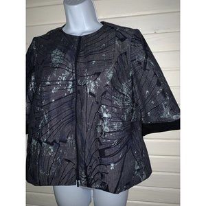 LAFAYETTE 148 Sz SMALL Chambray Full Zip Floral Blazer Jacket Faux Leather EUC